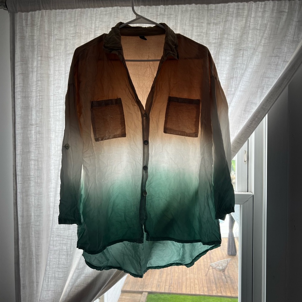Venti 6 cotton tie dye button down, sequin pockets 3/4 sleeves